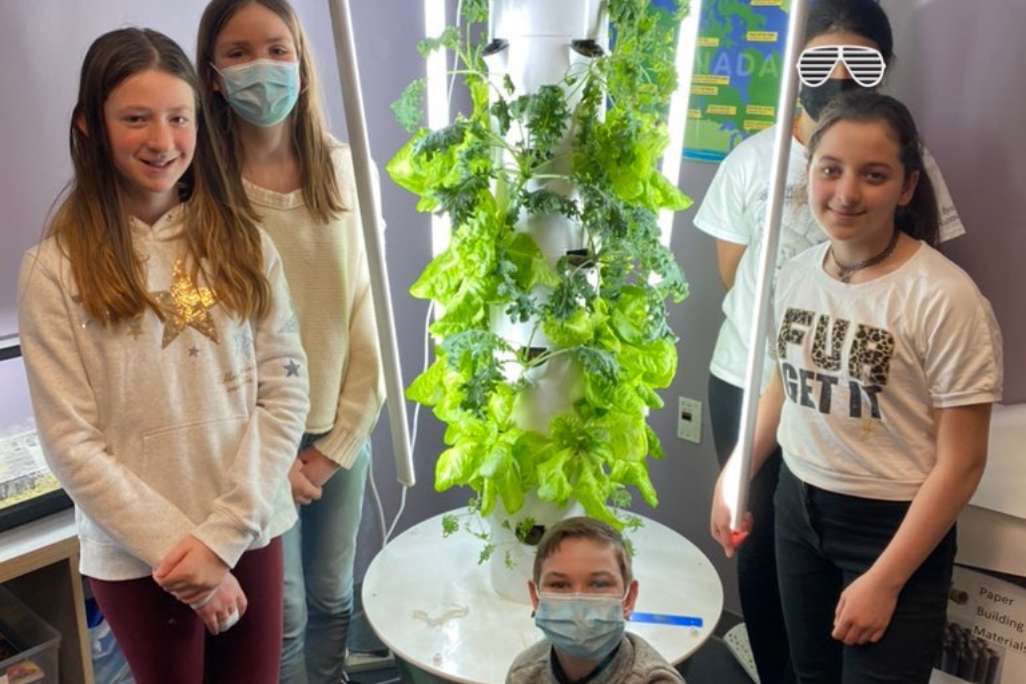 adolescent children standing around hydroponic garden tower that is growing lettuce